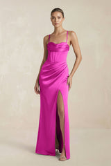 Cami Strap Corset Sheath Satin Ruched Bridesmaid Dress in Fuchsia - KISS BRIDAL Bridesmaid Dresses