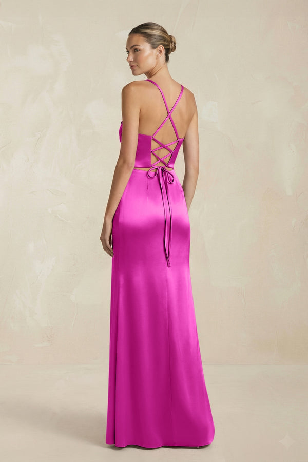 Cami Strap Corset Sheath Satin Ruched Bridesmaid Dress in Fuchsia - KISS BRIDAL Bridesmaid Dresses