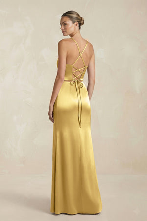 Cami Strap Corset Sheath Satin Ruched Bridesmaid Dress in Gold - KISS BRIDAL Bridesmaid Dresses