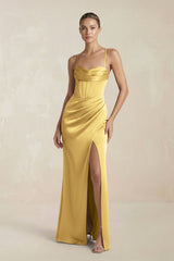Cami Strap Corset Sheath Satin Ruched Bridesmaid Dress in Gold - KISS BRIDAL Bridesmaid Dresses
