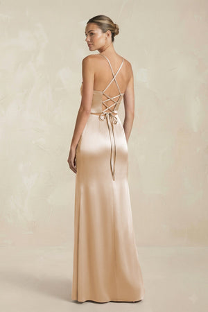 Cami Strap Corset Sheath Satin Ruched Bridesmaid Dress in Golden Champagne - KISS BRIDAL Bridesmaid Dresses