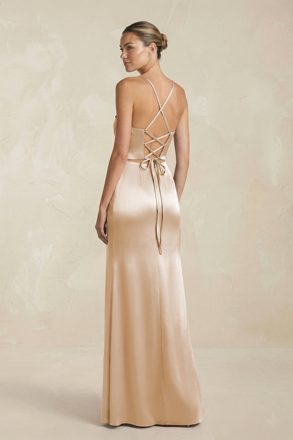 Cami Strap Corset Sheath Satin Ruched Bridesmaid Dress in Golden Champagne - KISS BRIDAL Bridesmaid Dresses
