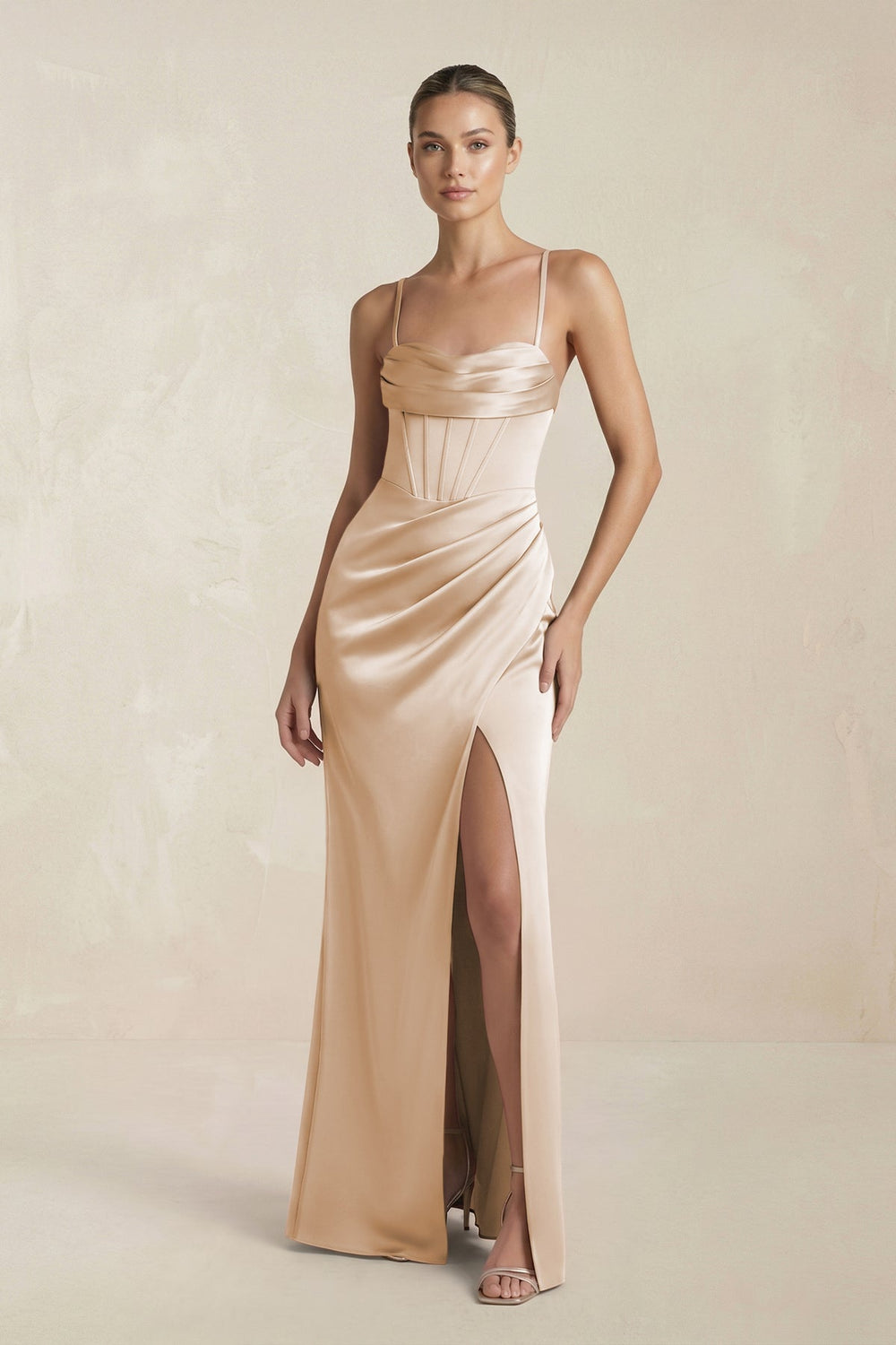Cami Strap Corset Sheath Satin Ruched Bridesmaid Dress in Golden Champagne - SHE IS ME Bridesmaid Dresses