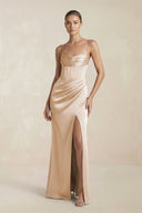 Cami Strap Corset Sheath Satin Ruched Bridesmaid Dress in Golden Champagne - KISS BRIDAL Bridesmaid Dresses