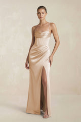Cami Strap Corset Sheath Satin Ruched Bridesmaid Dress in Golden Champagne - KISS BRIDAL Bridesmaid Dresses