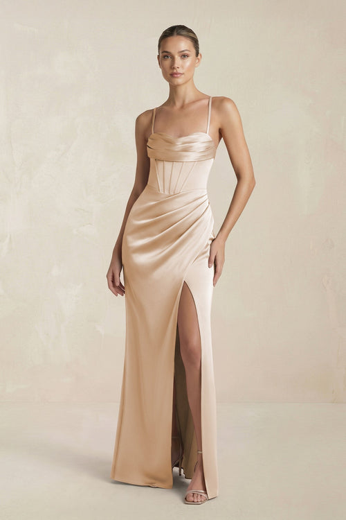 Cami Strap Corset Sheath Satin Ruched Bridesmaid Dress in Golden Champagne - KISS BRIDAL Bridesmaid Dresses