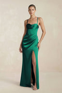 Cami Strap Corset Sheath Satin Ruched Bridesmaid Dress in Green - KISS BRIDAL Bridesmaid Dresses