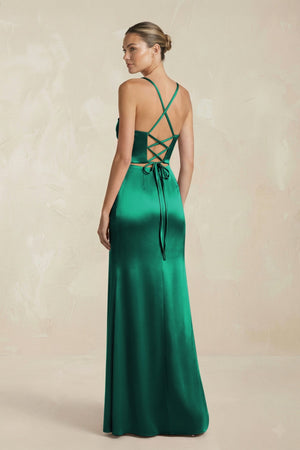Cami Strap Corset Sheath Satin Ruched Bridesmaid Dress in Green - KISS BRIDAL Bridesmaid Dresses