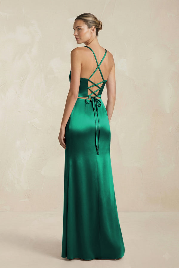 Cami Strap Corset Sheath Satin Ruched Bridesmaid Dress in Green - KISS BRIDAL Bridesmaid Dresses