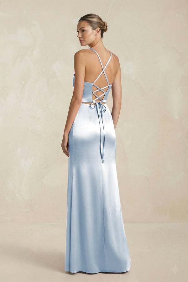Cami Strap Corset Sheath Satin Ruched Bridesmaid Dress in Ice - KISS BRIDAL Bridesmaid Dresses
