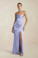 Cami Strap Corset Sheath Satin Ruched Bridesmaid Dress in Lavender - KISS BRIDAL Bridesmaid Dresses
