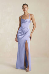 Cami Strap Corset Sheath Satin Ruched Bridesmaid Dress in Lavender - KISS BRIDAL Bridesmaid Dresses