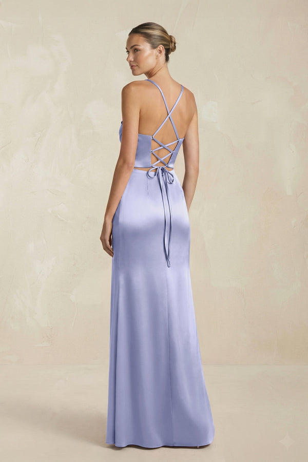 Cami Strap Corset Sheath Satin Ruched Bridesmaid Dress in Lavender - KISS BRIDAL Bridesmaid Dresses