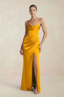 Cami Strap Corset Sheath Satin Ruched Bridesmaid Dress in Marigold - KISS BRIDAL Bridesmaid Dresses