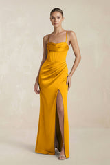 Cami Strap Corset Sheath Satin Ruched Bridesmaid Dress in Marigold - KISS BRIDAL Bridesmaid Dresses