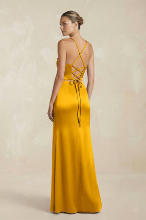 Cami Strap Corset Sheath Satin Ruched Bridesmaid Dress in Marigold - KISS BRIDAL Bridesmaid Dresses