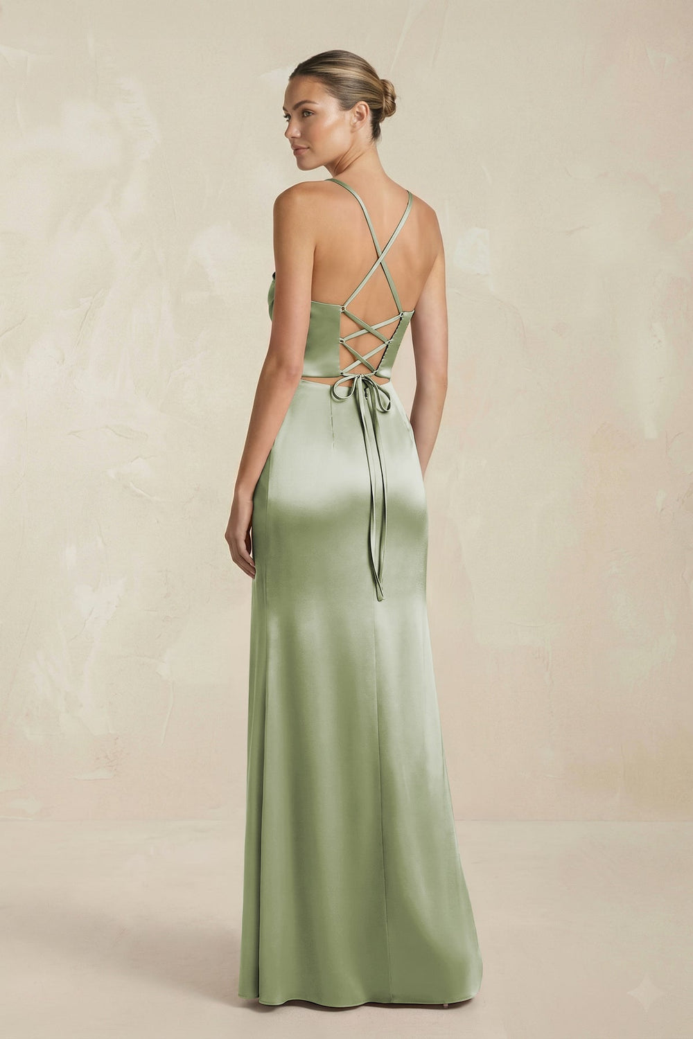 Cami Strap Corset Sheath Satin Ruched Bridesmaid Dress in Matcha - KISS BRIDAL Bridesmaid Dresses