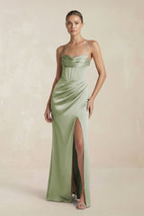 Cami Strap Corset Sheath Satin Ruched Bridesmaid Dress in Matcha - KISS BRIDAL Bridesmaid Dresses