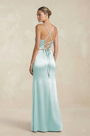 Cami Strap Corset Sheath Satin Ruched Bridesmaid Dress in Mist - KISS BRIDAL Bridesmaid Dresses