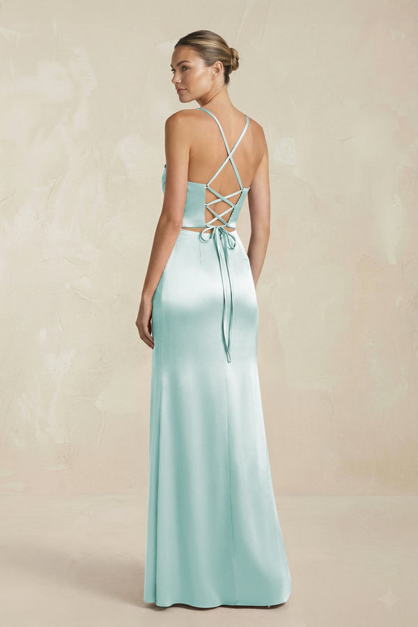 Cami Strap Corset Sheath Satin Ruched Bridesmaid Dress in Mist - KISS BRIDAL Bridesmaid Dresses