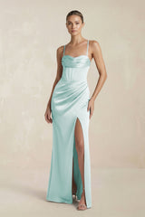 Cami Strap Corset Sheath Satin Ruched Bridesmaid Dress in Mist - KISS BRIDAL Bridesmaid Dresses