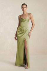 Cami Strap Corset Sheath Satin Ruched Bridesmaid Dress in Moss Green - KISS BRIDAL Bridesmaid Dresses