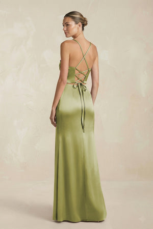 Cami Strap Corset Sheath Satin Ruched Bridesmaid Dress in Moss Green - KISS BRIDAL Bridesmaid Dresses