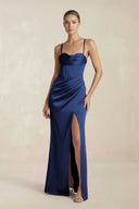 Cami Strap Corset Sheath Satin Ruched Bridesmaid Dress in Navy - KISS BRIDAL Bridesmaid Dresses