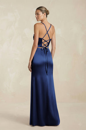 Cami Strap Corset Sheath Satin Ruched Bridesmaid Dress in Navy - KISS BRIDAL Bridesmaid Dresses