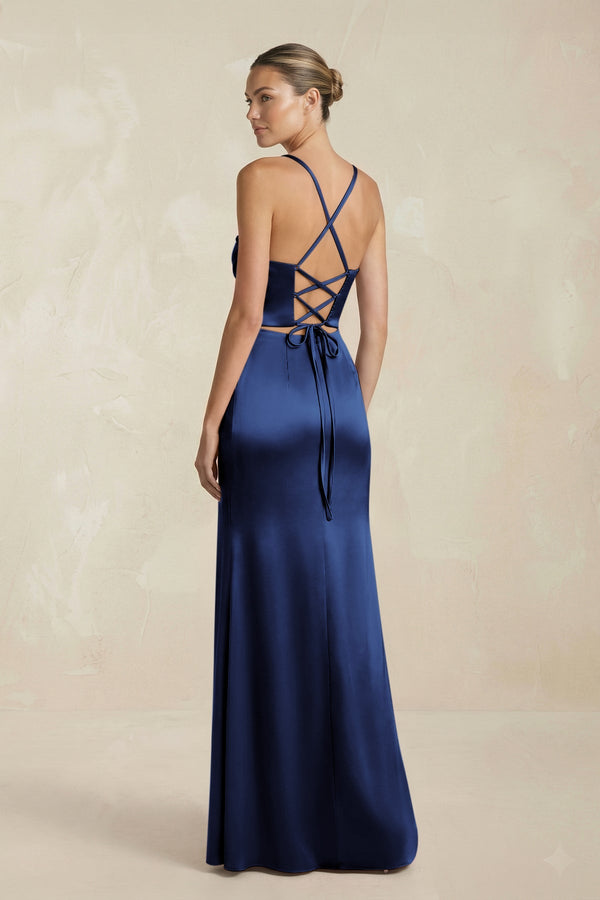 Cami Strap Corset Sheath Satin Ruched Bridesmaid Dress in Navy - KISS BRIDAL Bridesmaid Dresses