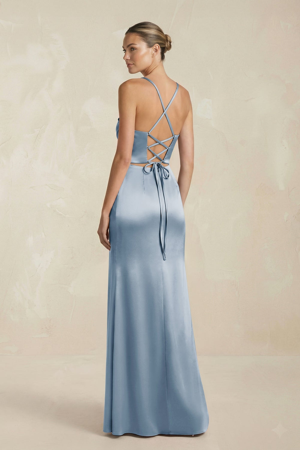 Cami Strap Corset Sheath Satin Ruched Bridesmaid Dress in Neptune - SHE IS ME Bridesmaid Dresses