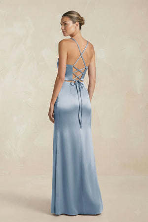 Cami Strap Corset Sheath Satin Ruched Bridesmaid Dress in Neptune - KISS BRIDAL Bridesmaid Dresses