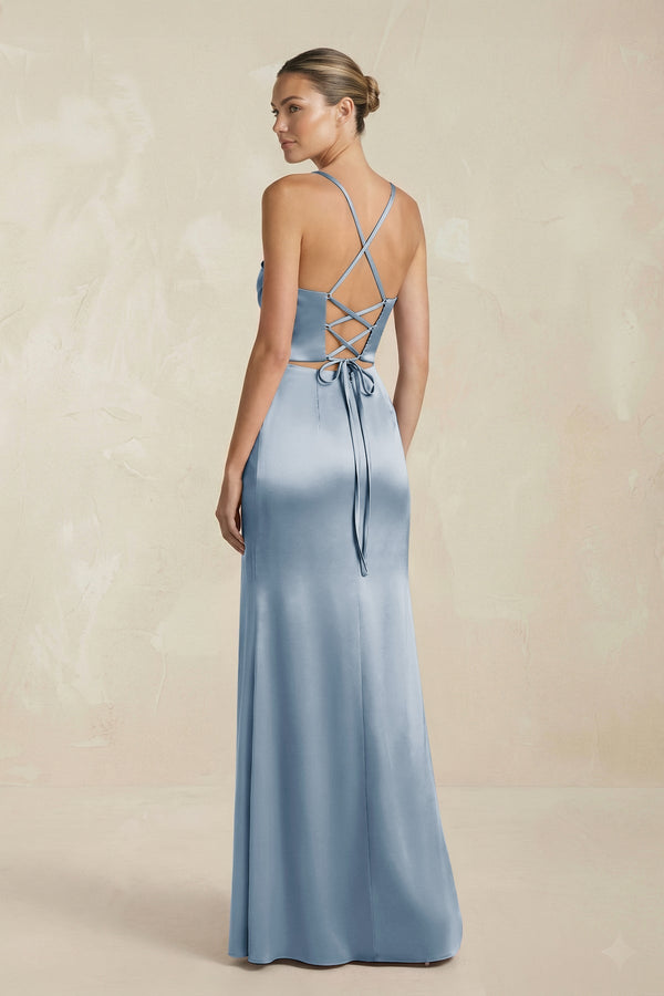 Cami Strap Corset Sheath Satin Ruched Bridesmaid Dress in Neptune - KISS BRIDAL Bridesmaid Dresses