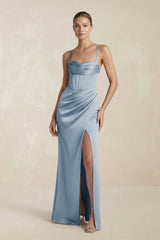 Cami Strap Corset Sheath Satin Ruched Bridesmaid Dress in Neptune - KISS BRIDAL Bridesmaid Dresses