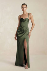 Cami Strap Corset Sheath Satin Ruched Bridesmaid Dress in Olive - KISS BRIDAL Bridesmaid Dresses