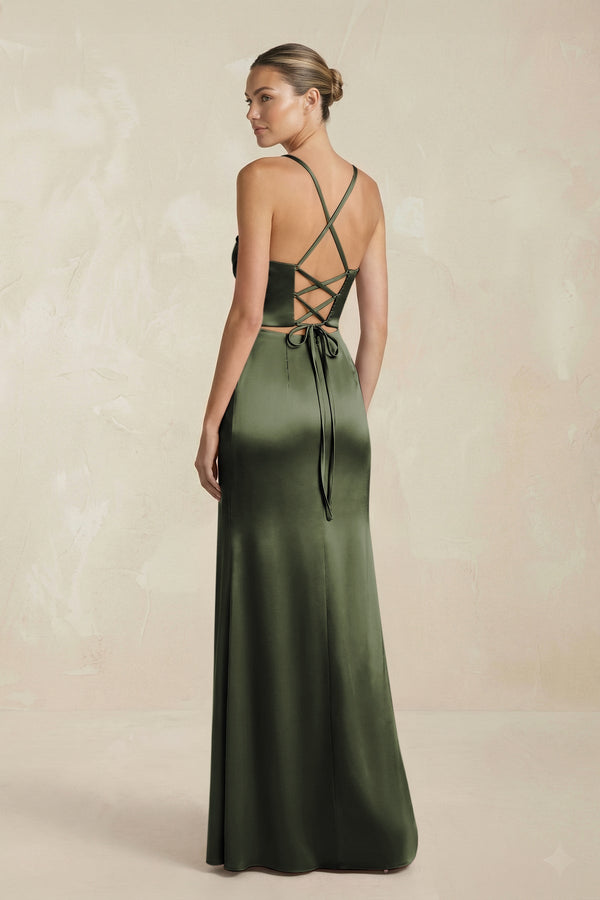 Cami Strap Corset Sheath Satin Ruched Bridesmaid Dress in Olive - KISS BRIDAL Bridesmaid Dresses