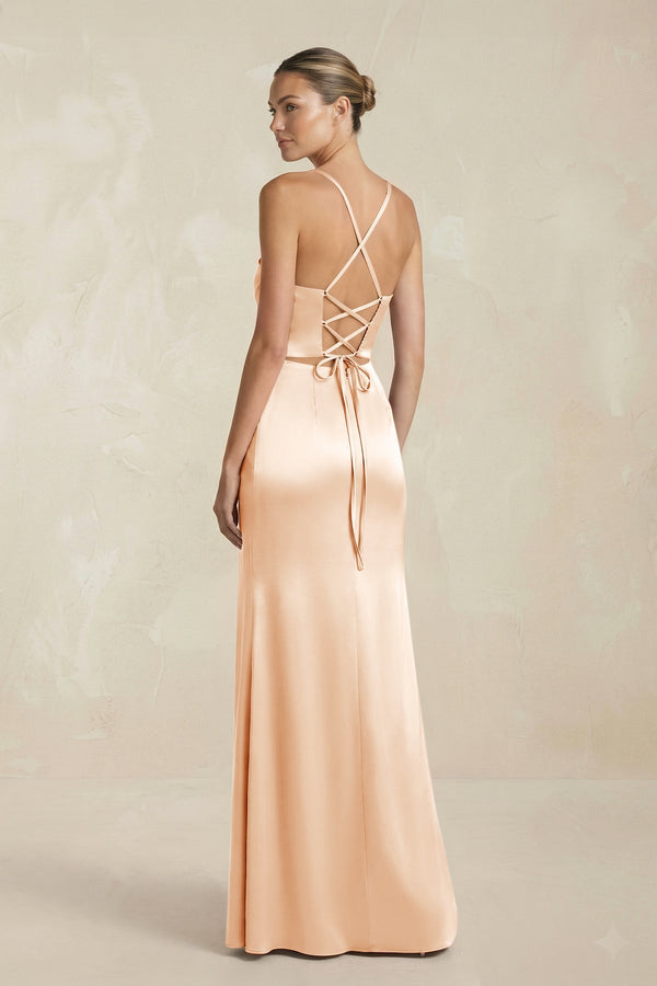 Cami Strap Corset Sheath Satin Ruched Bridesmaid Dress in Pale Blush - KISS BRIDAL Bridesmaid Dresses