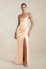 Cami Strap Corset Sheath Satin Ruched Bridesmaid Dress in Pale Blush - KISS BRIDAL Bridesmaid Dresses
