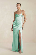 Cami Strap Corset Sheath Satin Ruched Bridesmaid Dress in Pale Pistachio - KISS BRIDAL Bridesmaid Dresses