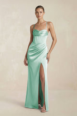 Cami Strap Corset Sheath Satin Ruched Bridesmaid Dress in Pale Pistachio - KISS BRIDAL Bridesmaid Dresses