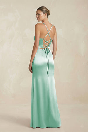 Cami Strap Corset Sheath Satin Ruched Bridesmaid Dress in Pale Pistachio - KISS BRIDAL Bridesmaid Dresses