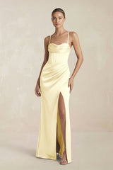 Cami Strap Corset Sheath Satin Ruched Bridesmaid Dress in Pastel Yellow - KISS BRIDAL Bridesmaid Dresses