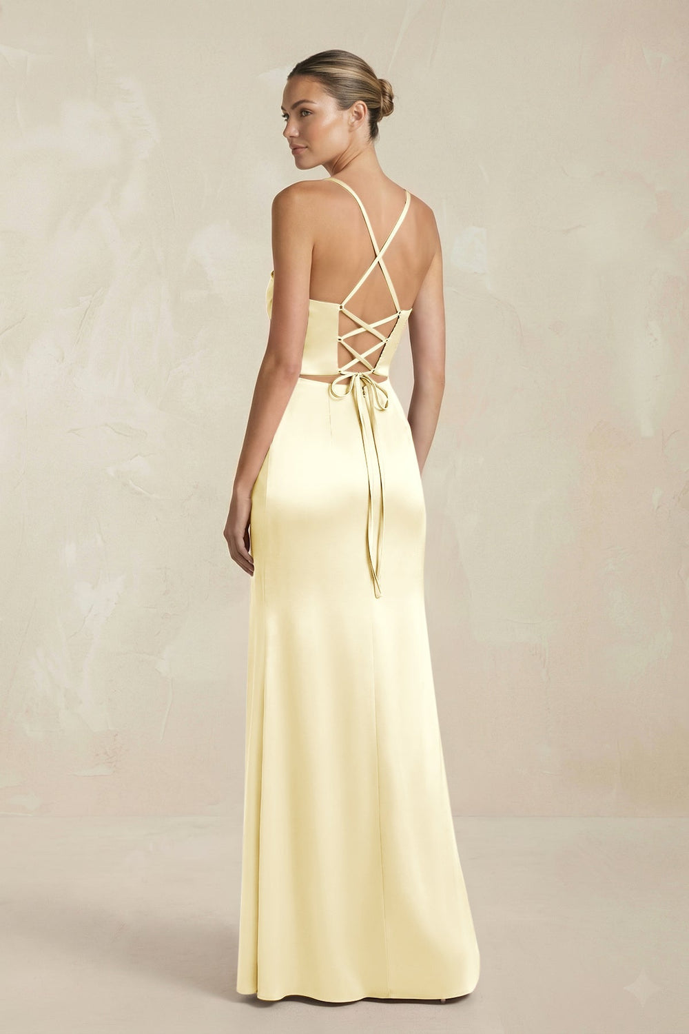 Cami Strap Corset Sheath Satin Ruched Bridesmaid Dress in Pastel Yellow - SHE IS ME Bridesmaid Dresses