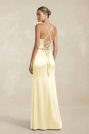 Cami Strap Corset Sheath Satin Ruched Bridesmaid Dress in Pastel Yellow - KISS BRIDAL Bridesmaid Dresses