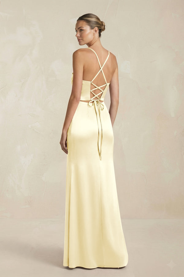 Cami Strap Corset Sheath Satin Ruched Bridesmaid Dress in Pastel Yellow - KISS BRIDAL Bridesmaid Dresses