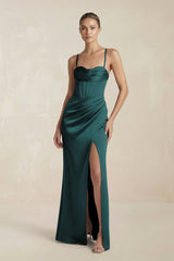 Cami Strap Corset Sheath Satin Ruched Bridesmaid Dress in Pine - KISS BRIDAL Bridesmaid Dresses