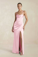 Cami Strap Corset Sheath Satin Ruched Bridesmaid Dress in PInk - KISS BRIDAL Bridesmaid Dresses