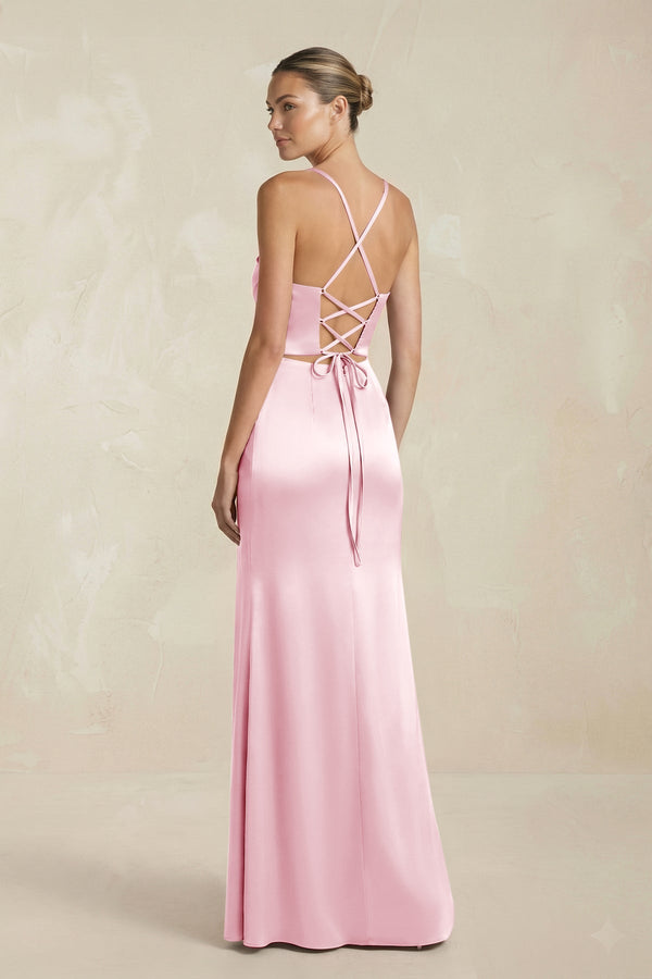 Cami Strap Corset Sheath Satin Ruched Bridesmaid Dress in PInk - KISS BRIDAL Bridesmaid Dresses