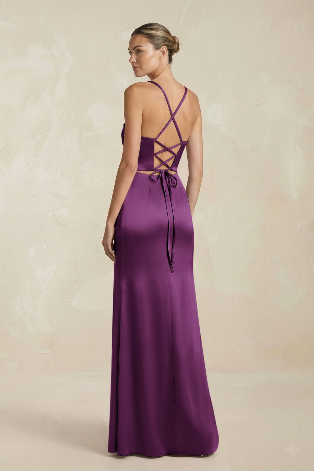 Cami Strap Corset Sheath Satin Ruched Bridesmaid Dress in Plum - KISS BRIDAL Bridesmaid Dresses