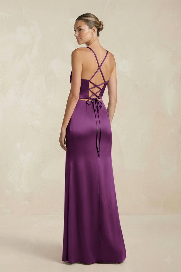 Cami Strap Corset Sheath Satin Ruched Bridesmaid Dress in Plum - KISS BRIDAL Bridesmaid Dresses